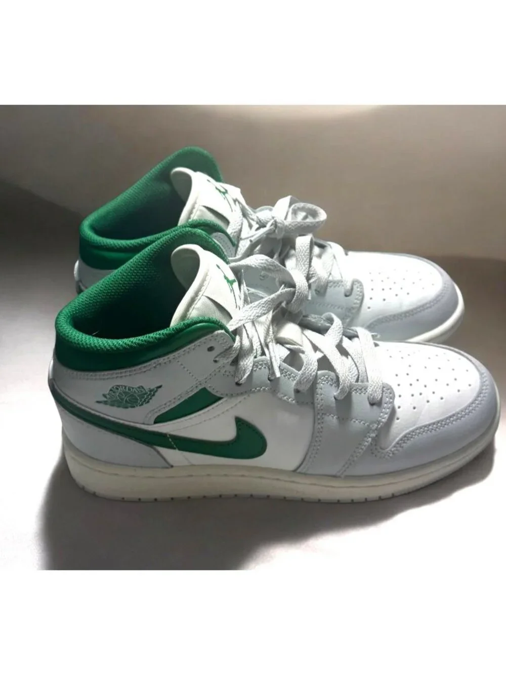 Nike Air Jordan 1 Mid Sneakers White & Green Leather Kids Youth
